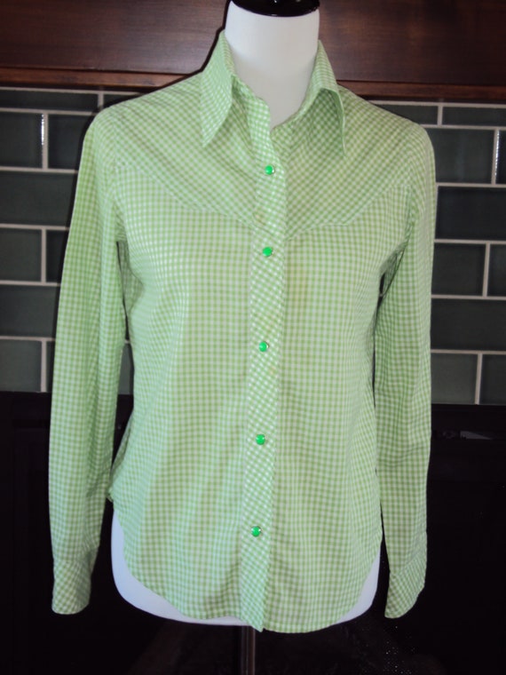 1970s Womens Lime Green/White Gingham Check Weste… - image 1