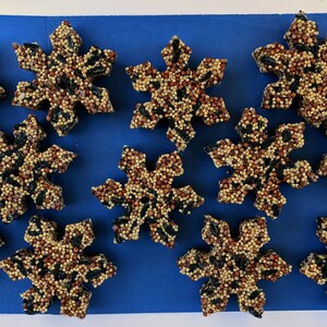 May include: A collection of nine snowflake-shaped bird feeders made of birdseed and black sunflower seeds. The feeders are arranged on a blue surface.