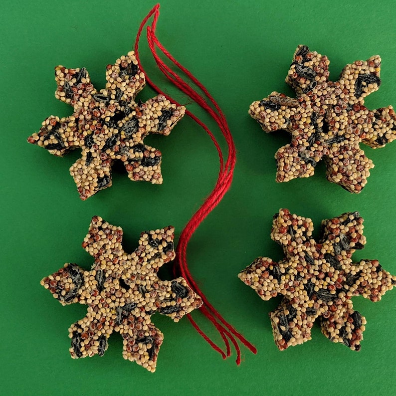 May include: Four snowflake-shaped bird feeders made of birdseed and tied with red string.