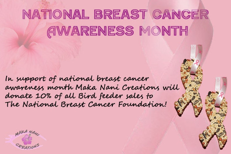 Op de afbeelding: Roze achtergrond met de tekst "NATIONAL BORSTKANKER BEWUSTWORDINGSMAAND". Twee vogelvoederlinten met roze linten worden getoond. De tekst vermeldt ook een donatie aan de National Breast Cancer Foundation.