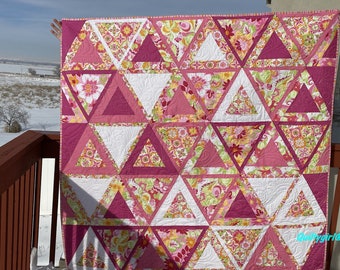 Pink White and Floral Modern Geometric Triangle quilt