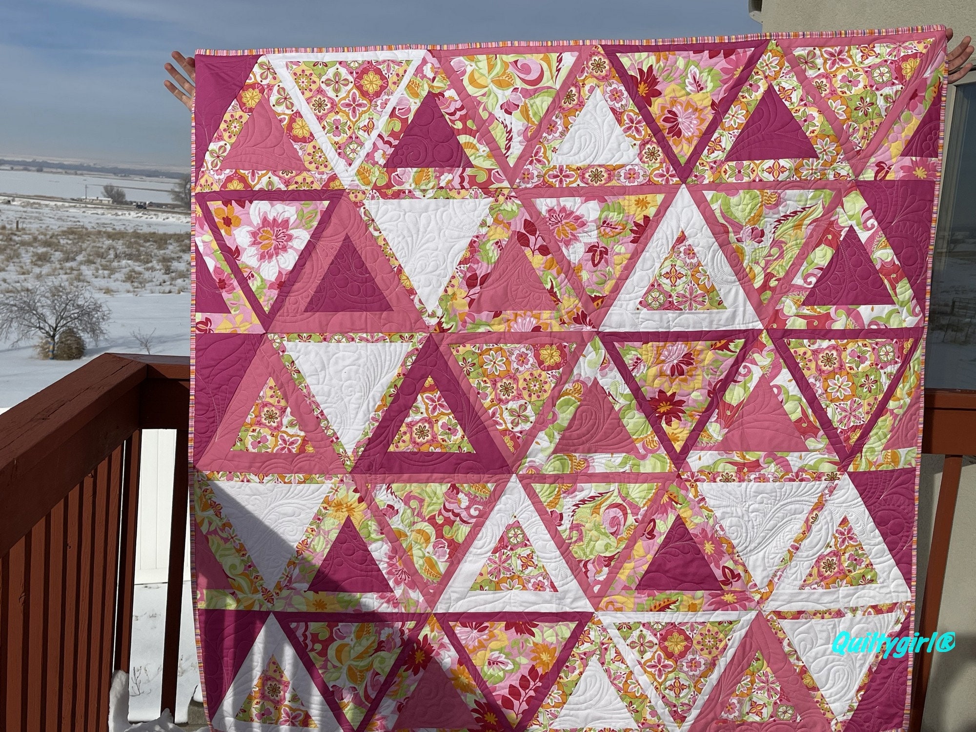 Quilt pattern triangles modern quilting gifts for girly floral lovers  modern pink home Shower Curtain by CharlotteWinter
