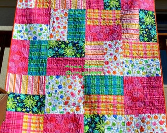 Bold and Bright Modern Quilt - Pinks, Greens, Polka Dots, Geometrics and more