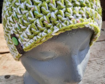 Ponytail Chunky Beanie Hat Hand Crocheted Green and White Mix