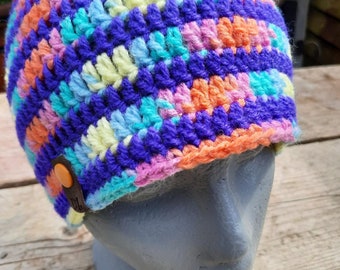 Striped Beanie Hat Hand Crocheted in Pretty Rainbow colours LGBTQ