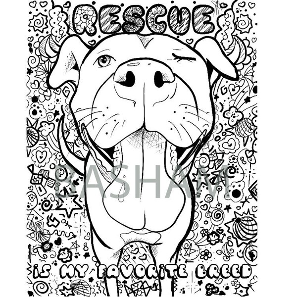 Pit Bull Terrier rescue dog coloring page, adult coloring book, my favorite breed, adopt dont shop, printable, print at home, pibble