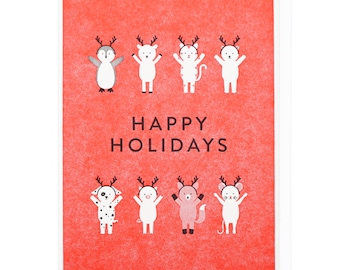 Happy Holidays Animal Antlers Holiday Card