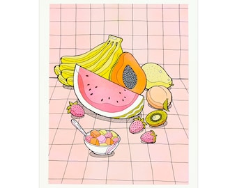 May include: A colorful illustration of various fruits, including a watermelon slice, bananas, papaya, and strawberries. A small bowl of fruit salad with a spoon is also present. The background features a pink tiled surface.