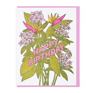 Carte typographique anniversaire fleurs tropicales