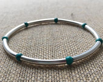 Sterling Silver Tube stretch bracelet with Magnesite turquoise beads - 4mm