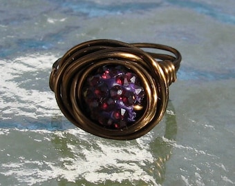 8mm dark purple Pave Crystal Bead bronze wire wrapped ring