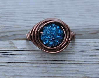 Deep Blue pave bead ring wrapped in copper