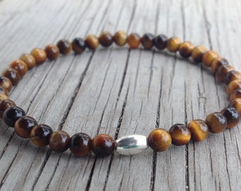 Aranceles estadounidenses pagados por el VENDEDOR Pulsera elástica de ojo de tigre de 4 mm con cuenta de tubo de plata esterlina
