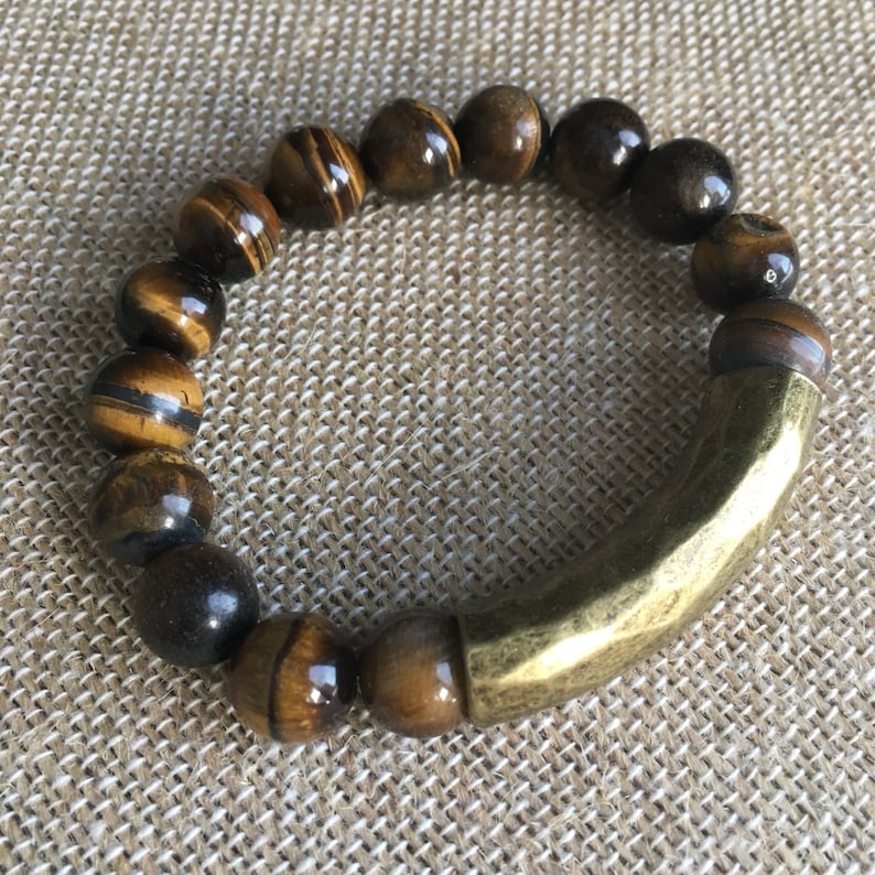 10mm Tiger Eye stretch bracelet with an Antique Bronze hammered tube bead