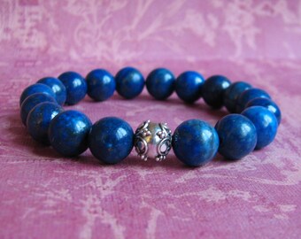 10mm Dyed Lapis Lazuli stretch bracelet with Sterling Silver Bali bead