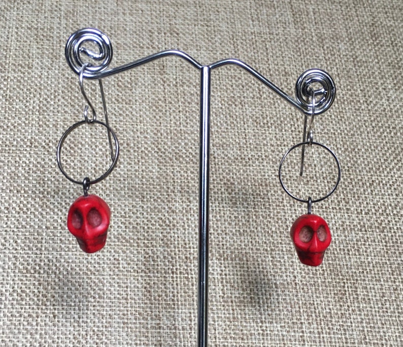 Red Skull Dangle Earrings on gunmetal hoop with Sterling Silver Ear Wires