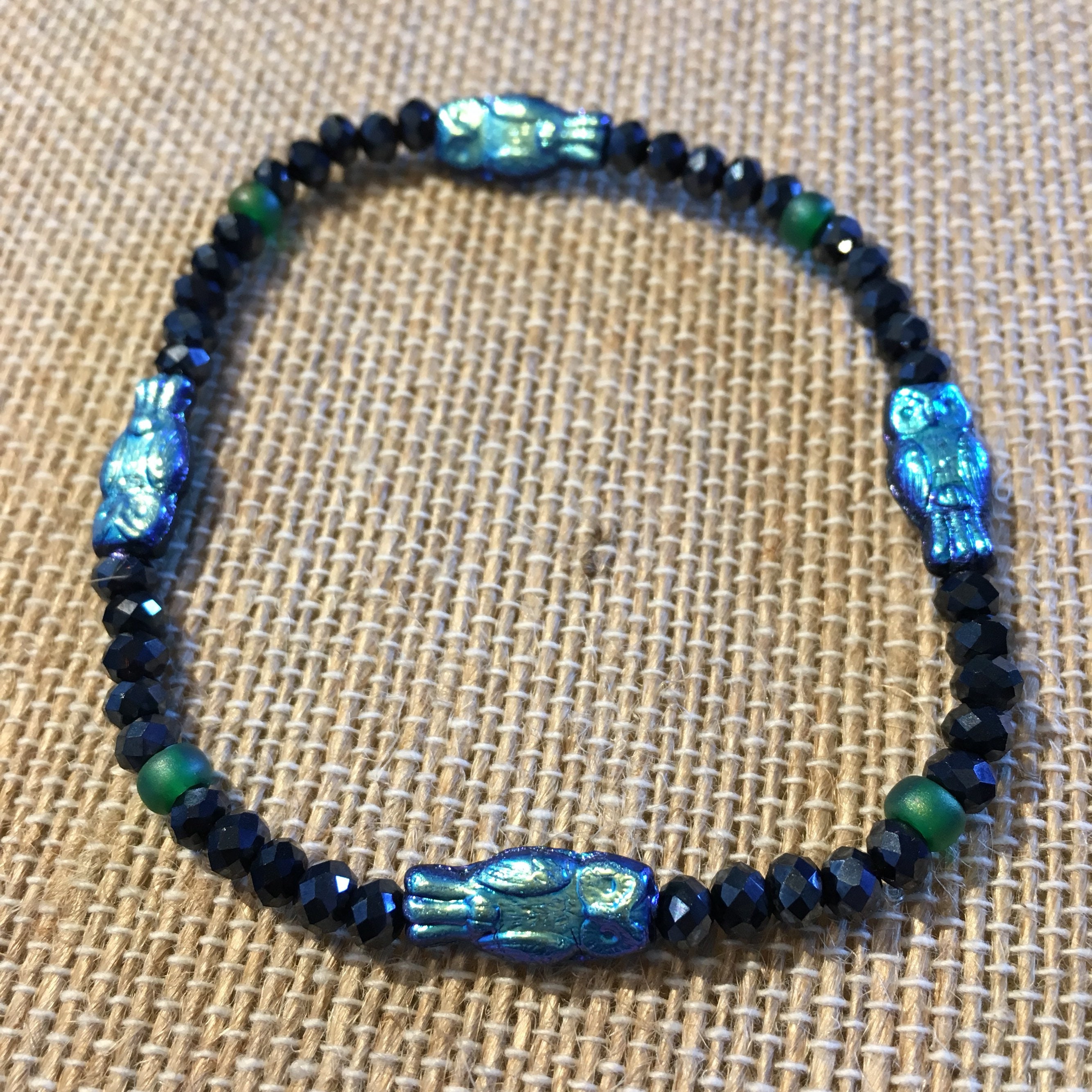 Owl Bracelet with glass beads - Dark Blue