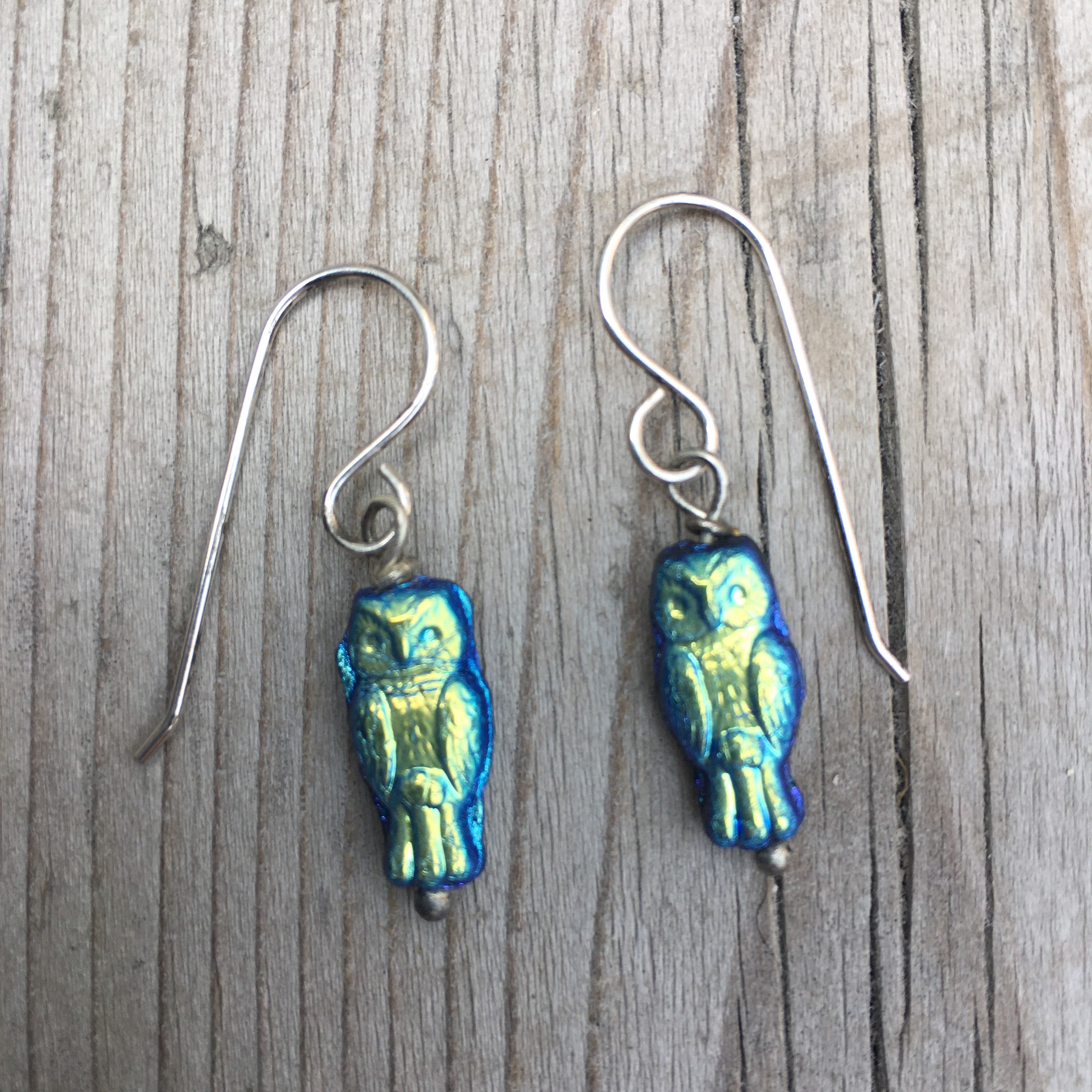 USA Tariffs paid by SELLER Dainty Owl czech glass earrings on Sterling Silver Ear Wires - Dark Blue