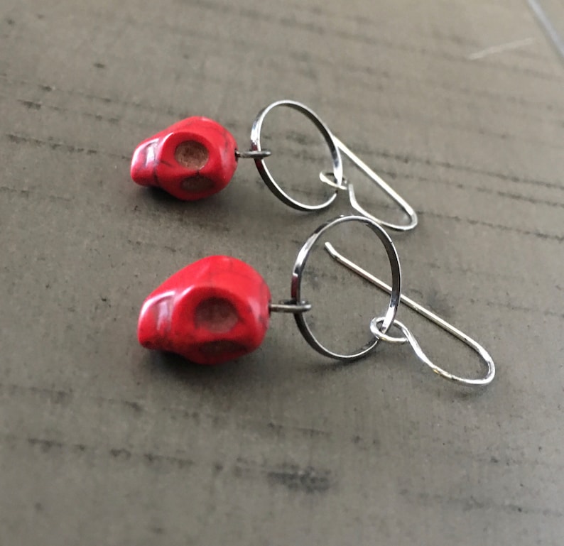 Red Skull Dangle Earrings on gunmetal hoop with Sterling Silver Ear Wires