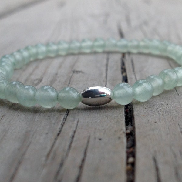 4mm Green Aventurine stretch bracelet with a sterling silver tube bead
