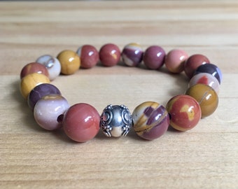 10mm Mookaite Jasper stretch bracelet with a Sterling Silver Bali bead