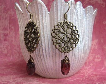 Faceted Garnet Briolette earrings with Bronze circle flower cluster