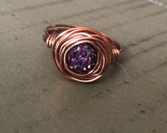 8mm dark purple Pave Crystal Bead antique copper wire wrapped ring