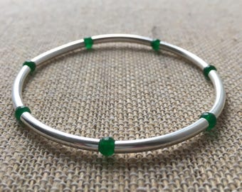 Sterling Silver Tube stretch bracelet with Green Jade beads - 4mm