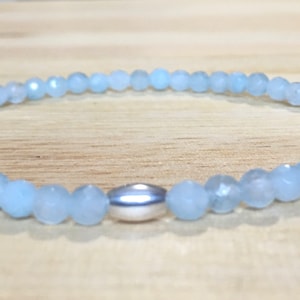 4mm Faceted Aquamarine stretch bracelet with Sterling Silver tube bead