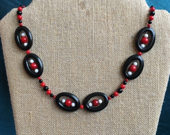 Blackstone, Dyed Red Bamboo Coral and White Jade Necklace with a textured Sterling Silver toggle clasp