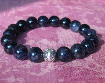 10mm Amethyst stretch bracelet with Sterling Silver Bali Bead