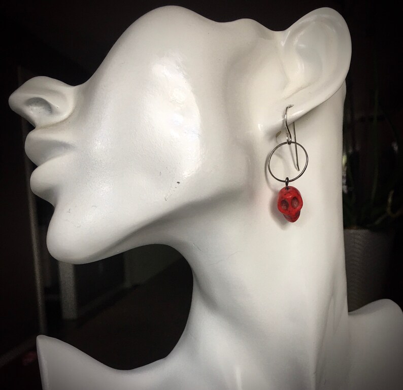 Red Skull Dangle Earrings on gunmetal hoop with Sterling Silver Ear Wires
