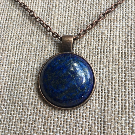 25mm Dyed Lapis Lazuli Cabochon Bronze Necklace