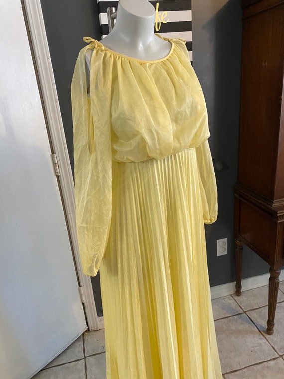 Vintage 70s light yellow pleated maxi dress flora… - image 2