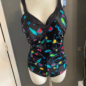 90s 80s  swimsuit by rose Marie reid black with neon peppers hearts  size 14
