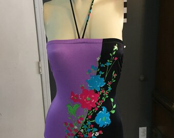 70s one piece purple black floral strapless size xs kids size 12