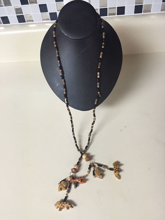 Vintage wooded & beaded safari animal necklace mi… - image 1