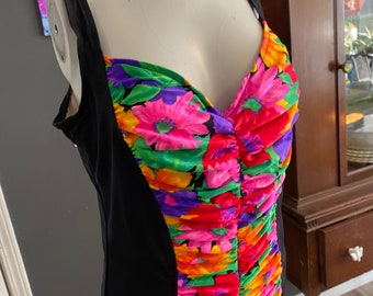 Vintage 90er Jahre Neon Carol Wor Einteiler Badeanzug mit Blumenmuster, Größe 18w