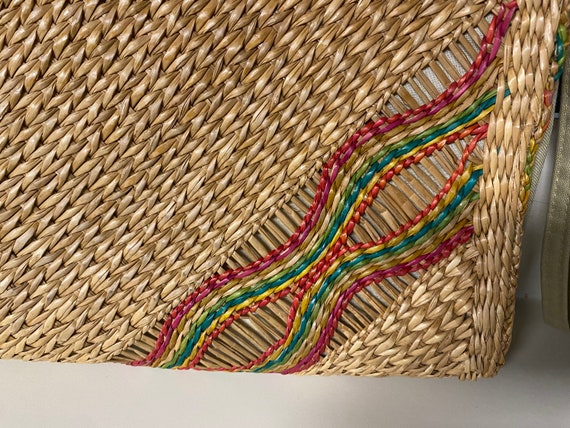 Vintage 80s woven raffia wristlet clutch rainbow … - image 7