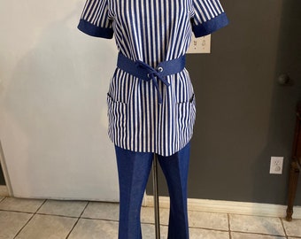 60s Eileen Scott polyester nautical outfit blue white stripe s/m