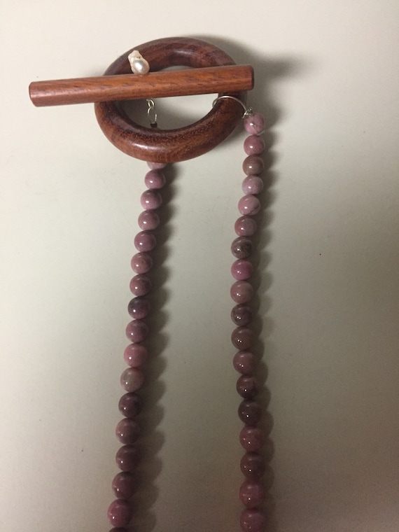 Handmade pink agate beaded necklace large wooden … - image 1