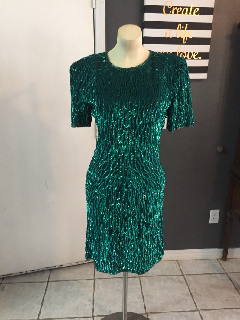 Vintage Laurence Kazar Green Sequin Holiday Dress Size S - Etsy