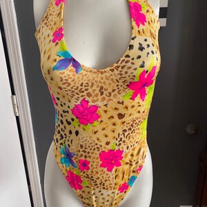 Vintage sexy low cut shiny swimsuit size s cheetah neon flowers