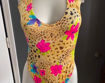 Vintage sexy low cut shiny swimsuit size s cheetah neon flowers