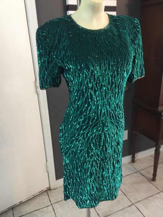 Vintage laurence kazar green sequin holiday dress siz Gem