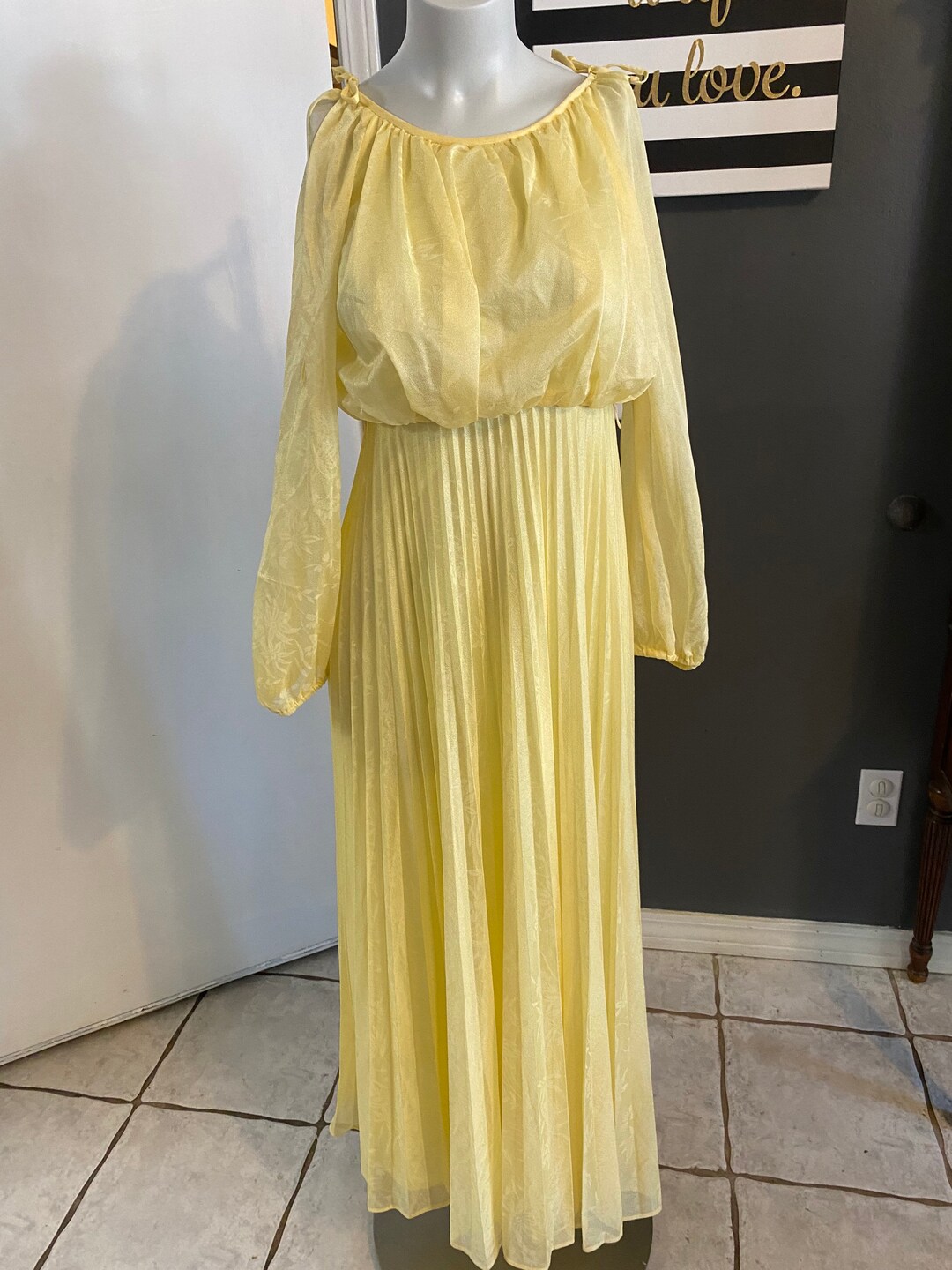Vintage 70s Light Yellow Pleated Maxi Dress Floral With Cold Shoulders ...