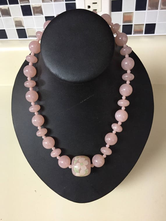 Dainty lucite pink beaded necklace hand paint flo… - image 1