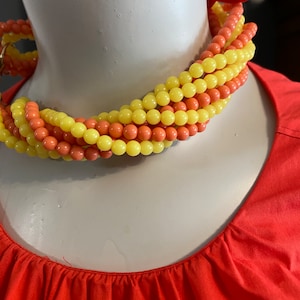 Vintage lucite coral orange & yellow multi strand beaded necklace