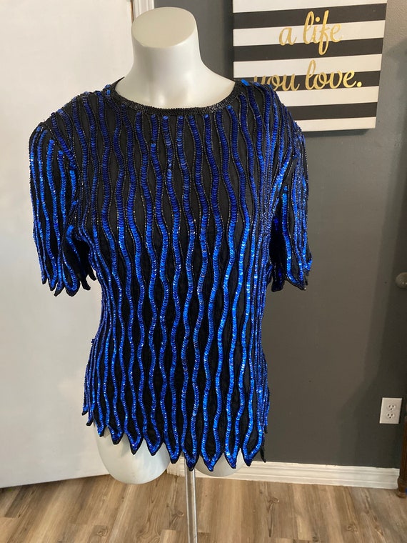 Stenay royal blue sequin blouse beaded holiday siz