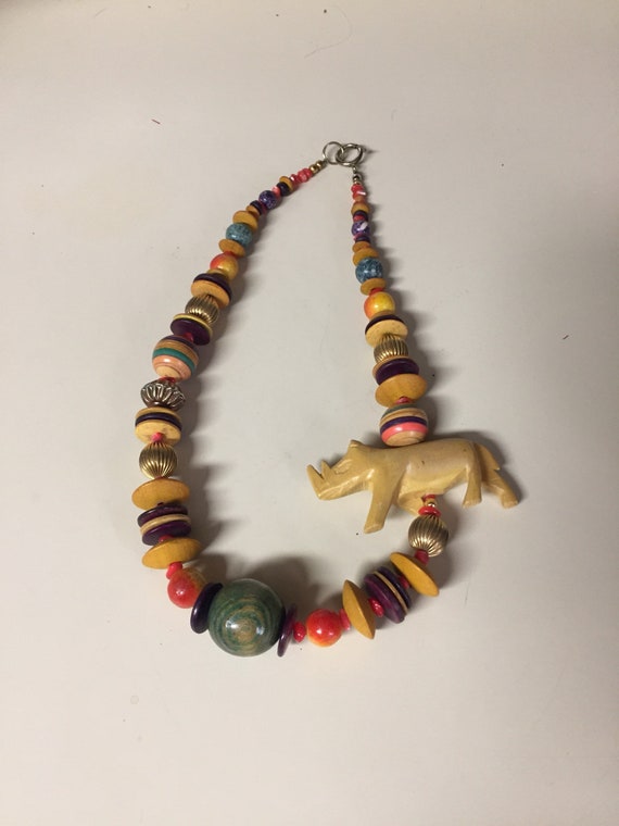 wooden beaded necklace rhino chunky - image 1